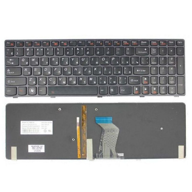 Клавиатура Lenovo IdeaPad Y580. Плоский Enter. Черная, с черной рамкой. С подсветкой. PN: 25-207343,